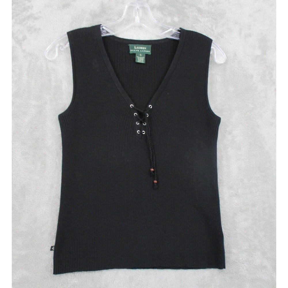 Ralph Lauren LRL Sweater Womens Size S Lace Up Ribbed Knit Quiet Luxury Black